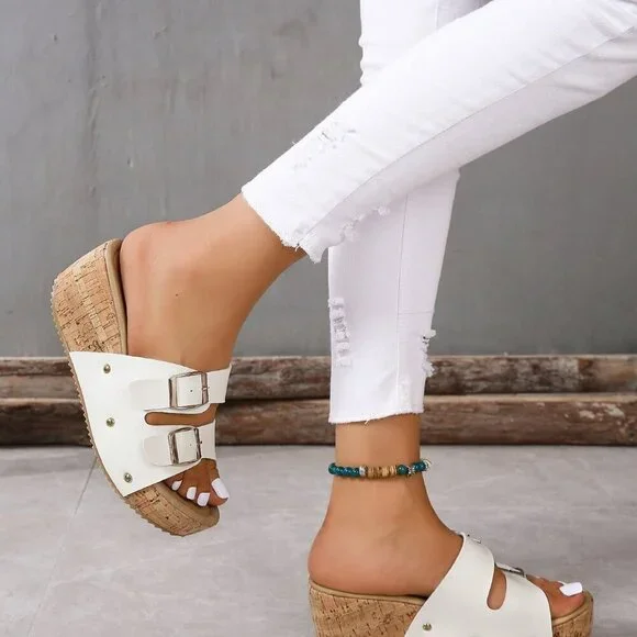 White Women's Casual Double Buckle Platform Wedge Sandals - Picture 3 of 5